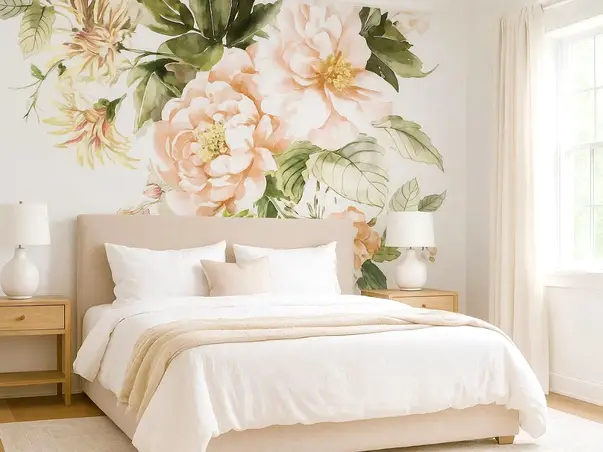 tapet dormitor cu flori mari bej