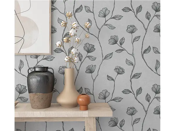 tapet dormitor cu flori mari gri