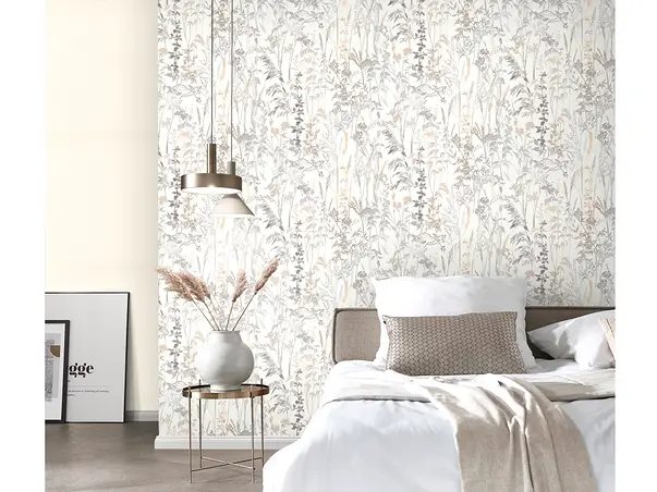 tapet dormitor cu model floral gri bej