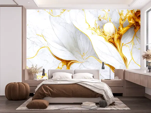 tapet dormitor marmura gri si detalii aurii