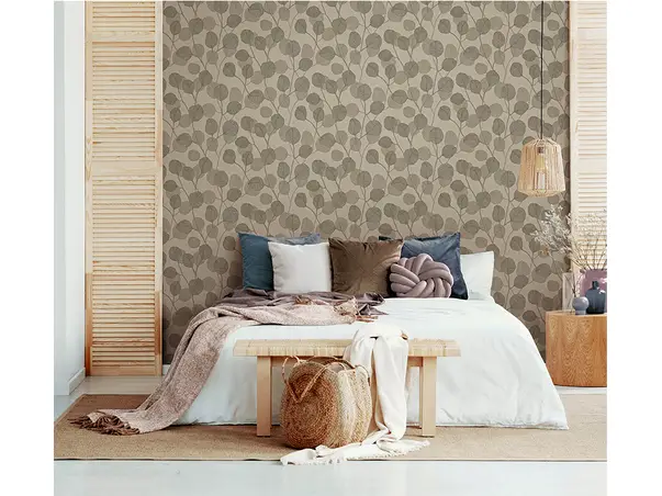 tapet dormitor model cu frunze stilizate bej gri