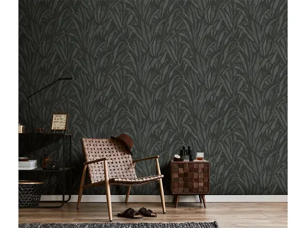tapet gri inchis cu model frunze