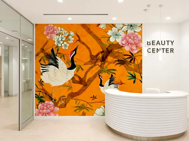 tapet hol portocaliu cu flori si pasari