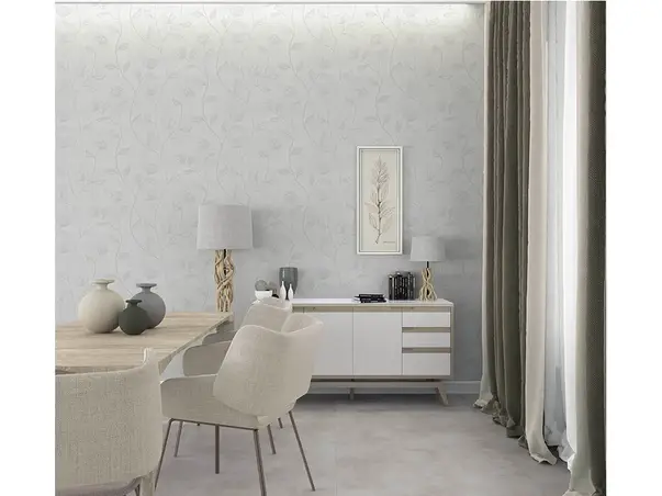 tapet living alb cu flori