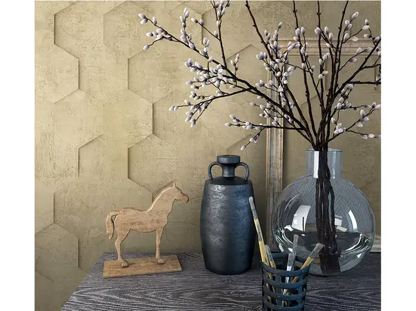 tapet living bej cu model geometric hexagoane