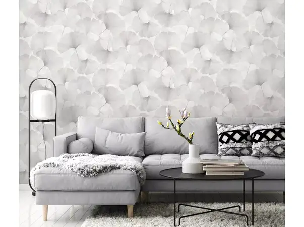 tapet living cu frunze gri