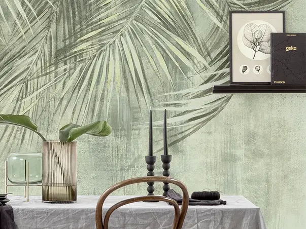 tapet living cu frunze palmier