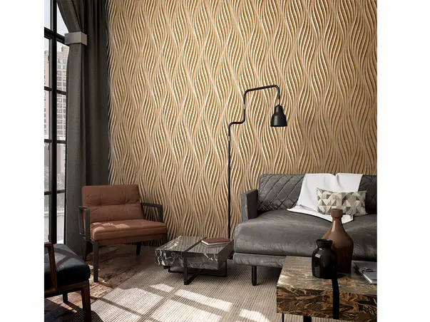 tapet living cu model dungi serpuite maro deschis