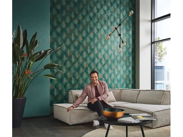 tapet living cu model geometric verde