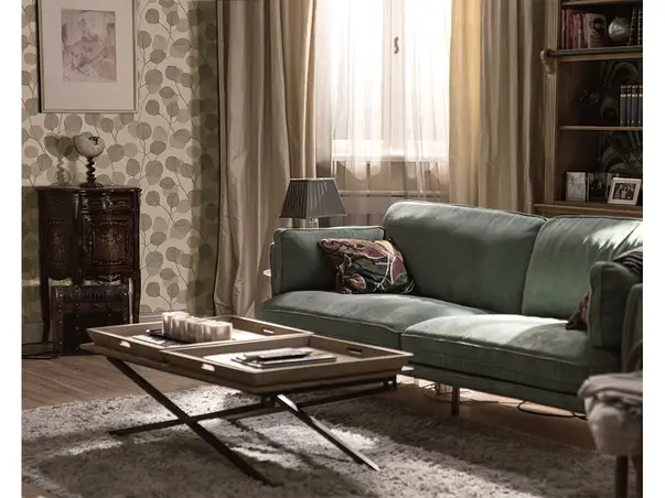 tapet living greige cu model frunze stilizate