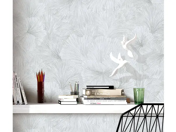 tapet living gri argintiu cu flori stilizate