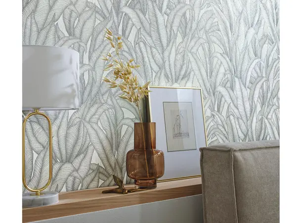 tapet living gri argintiu cu frunze stilizate