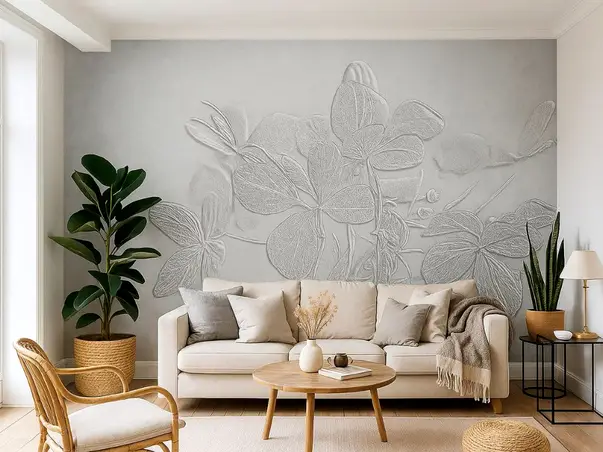 tapet living gri cu model floral stilizat