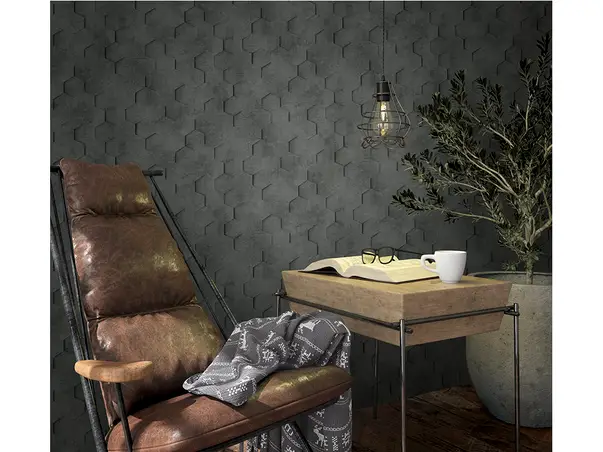 tapet living gri inchis cu model hexagoane