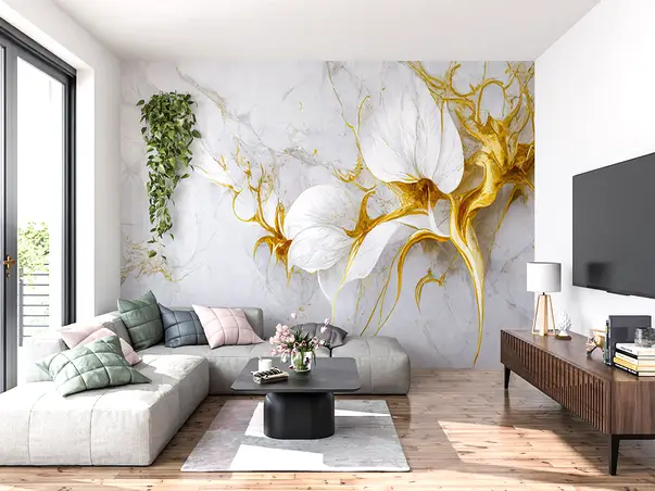 tapet living imitatie marmura gri cu detalii bej auriu