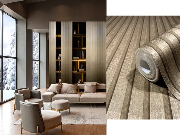 tapet living modern cu dungi bej metalic