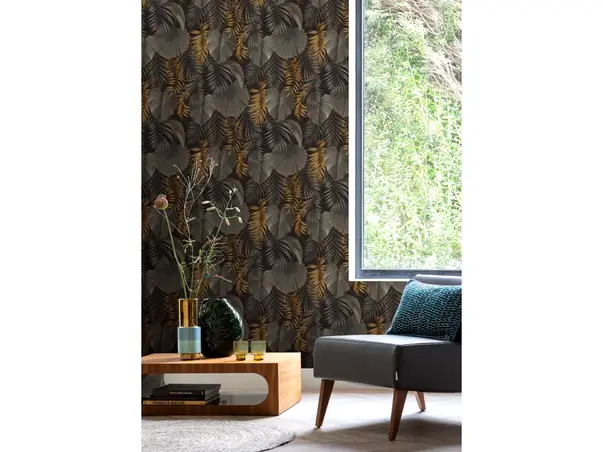 tapet living negru cu frunze gri aurii rasch