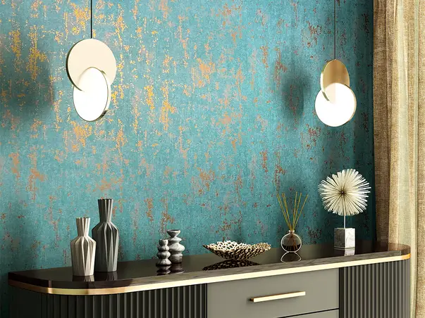 tapet living turcoaz cu detalii auriu metalic