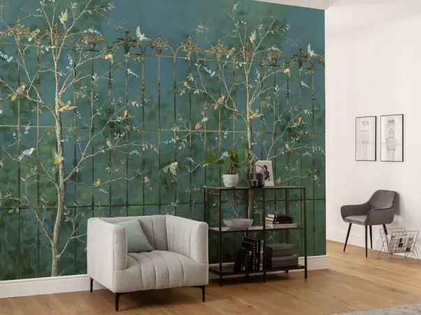 tapet living verde cu elemente din natura