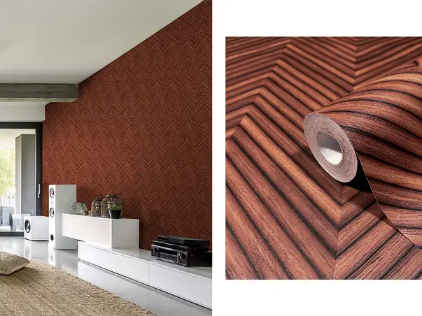 tapet maro roscat model chevron cu textura lemn