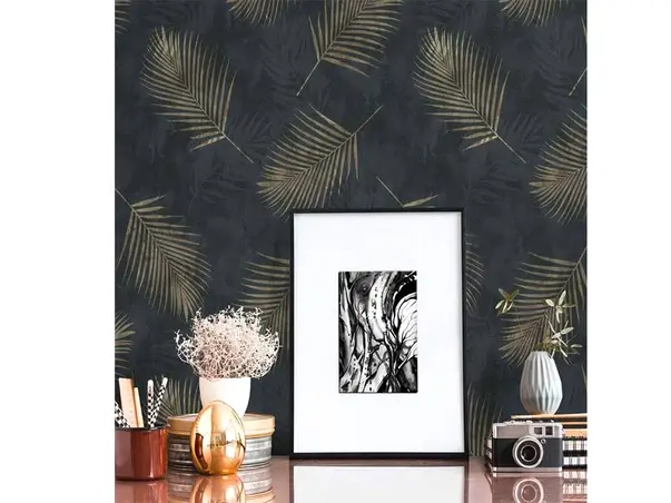 tapet modern negru cu frunze aurii erismann