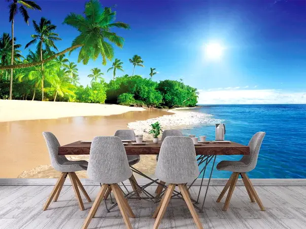 tapet pentru decor exotic plaja cu palmieri