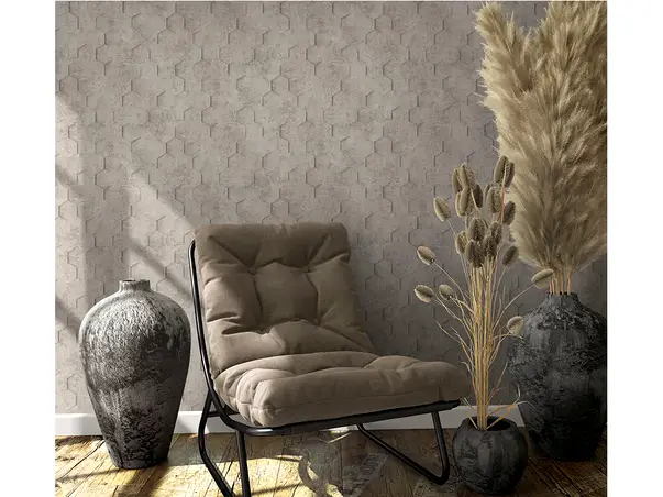 tapet taupe gri maro cu model geometric hexagoane