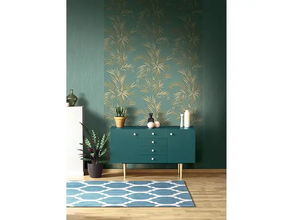 tapet verde menta cu frunze bej