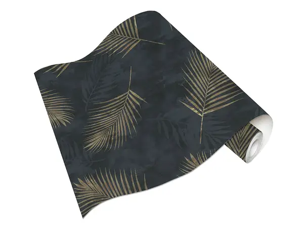 tapet vlies superlavabil negru cu frunze aurii