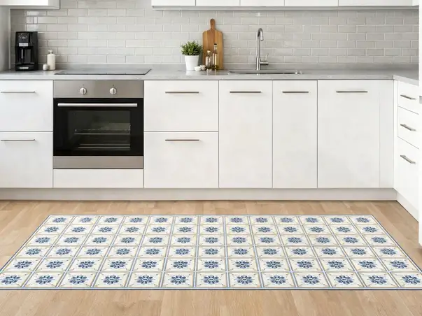 traversa vinil pentru bucatarie si baie cu model floral albastru