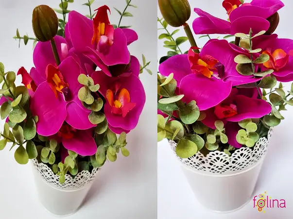 vas alb cu orhidee artificiala magenta
