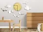 Set 8 stickere oglindă, decoraţiune perete cu soare, nori şi păsări, din oglindă acrilică aurie şi argintie