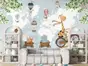 Fototapet copii girafă pe bicicletă și animale în vagoane – design animat și vesel, fundal harta lumii, vlies cu dimensiuni personalizabile