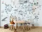 Fototapet copii harta lumii pastel cu animale și continente – educativ, calm și modern, material vlies, dimensiuni personalizabile