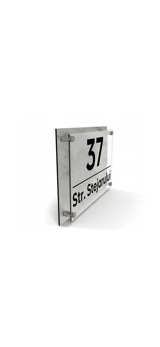 Plăcuţă 3D cu număr și/sau adresă casă, din bond și plexiglass transparent, cu text personalizat