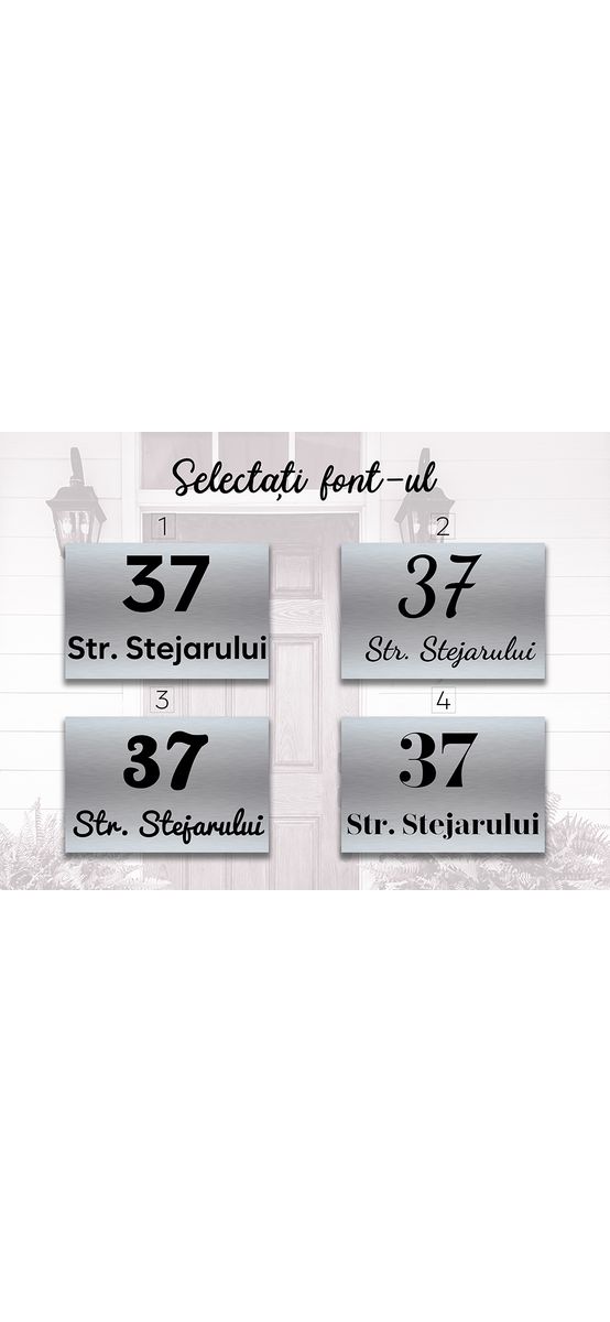 Plăcuţă cu număr și/sau adresă casă, din bond argintiu sau auriu, cu text personalizat și font la alegere