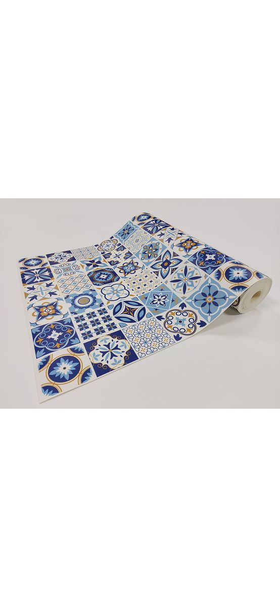 Covor antiderapant pentru bucătărie, din pvc, model Blue Tiles, linoleum antiderapant la rolă de 60x400 cm
