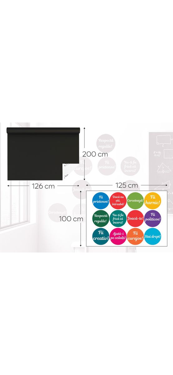 Set autocolant tablă de scris neagră şi buline cu mesaje, Folina EDU72, decor pentru grădiniţe şi şcoli