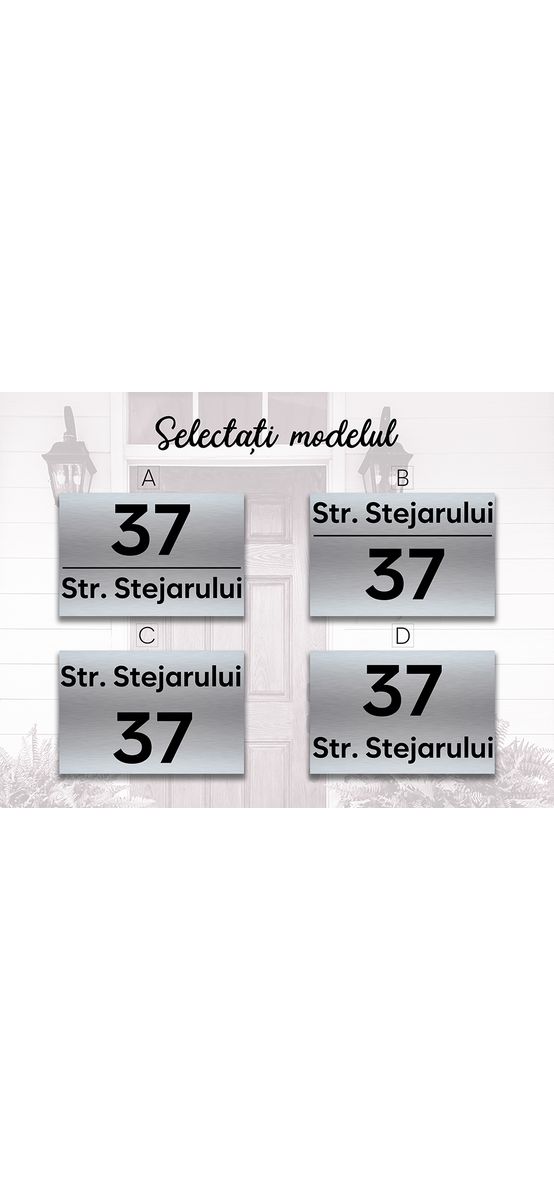 Plăcuţă cu număr și/sau adresă casă, din bond argintiu sau auriu, cu text personalizat și font la alegere