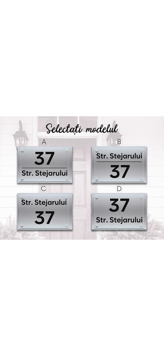 Plăcuţă 3D cu număr și/sau adresă casă, din bond și plexiglass transparent, cu text personalizat