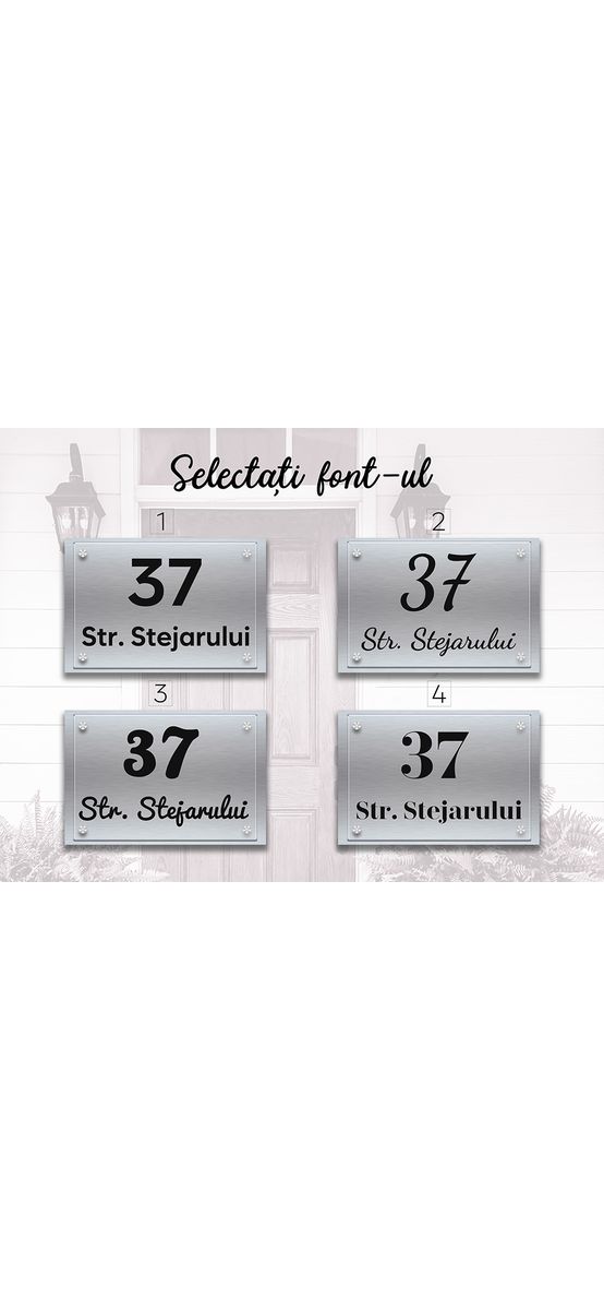 Plăcuţă 3D cu număr și/sau adresă casă, din bond și plexiglass transparent, cu text personalizat