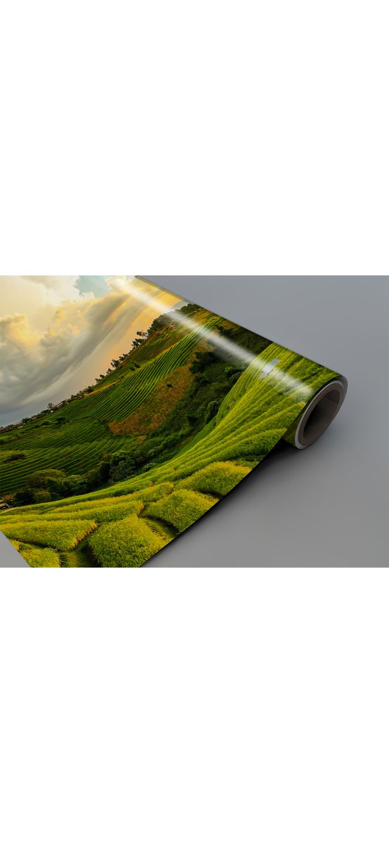 Autocolant perete, Folina, peisaj dealuri verzi la răsăritul soarelui, rolă de 67x200 cm