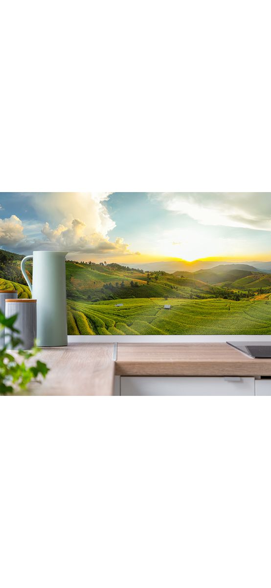 Autocolant perete, Folina, peisaj dealuri verzi la răsăritul soarelui, rolă de 67x200 cm
