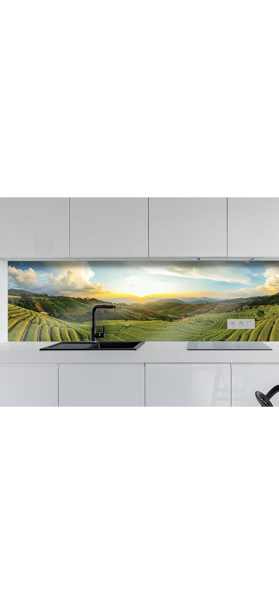 Autocolant perete, Folina, peisaj dealuri verzi la răsăritul soarelui, rolă de 67x200 cm