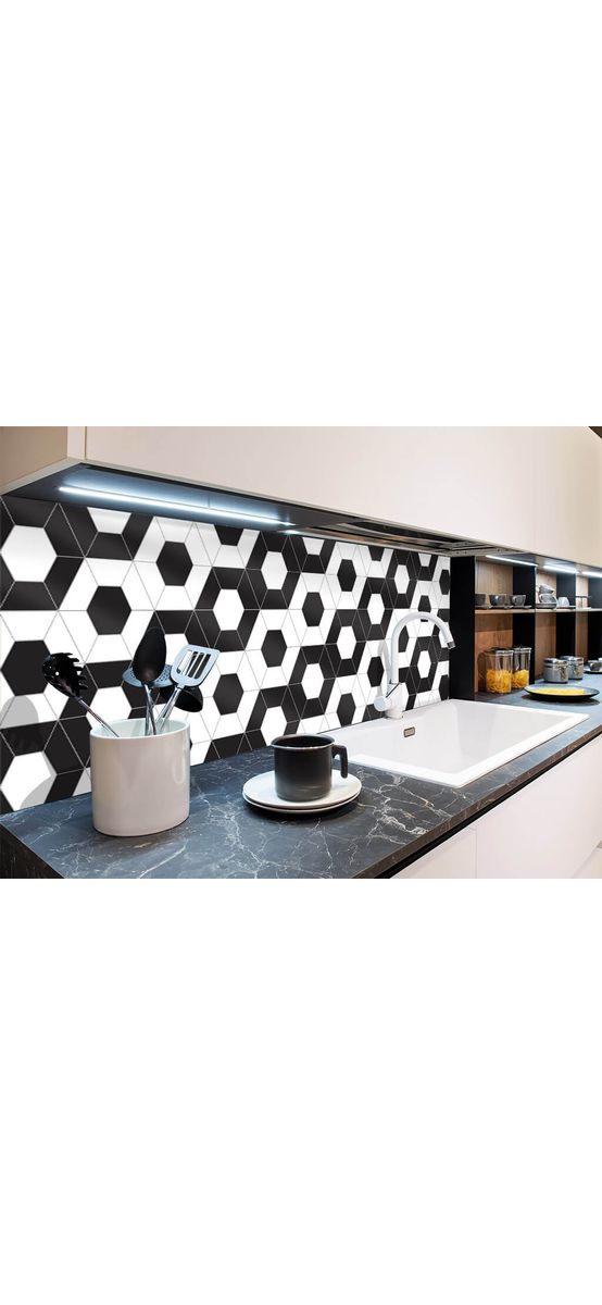 Autocolant perete imitaţie faianţă decorativă, Folina, hexagoane alb cu negru, rolă de 60x200 cm