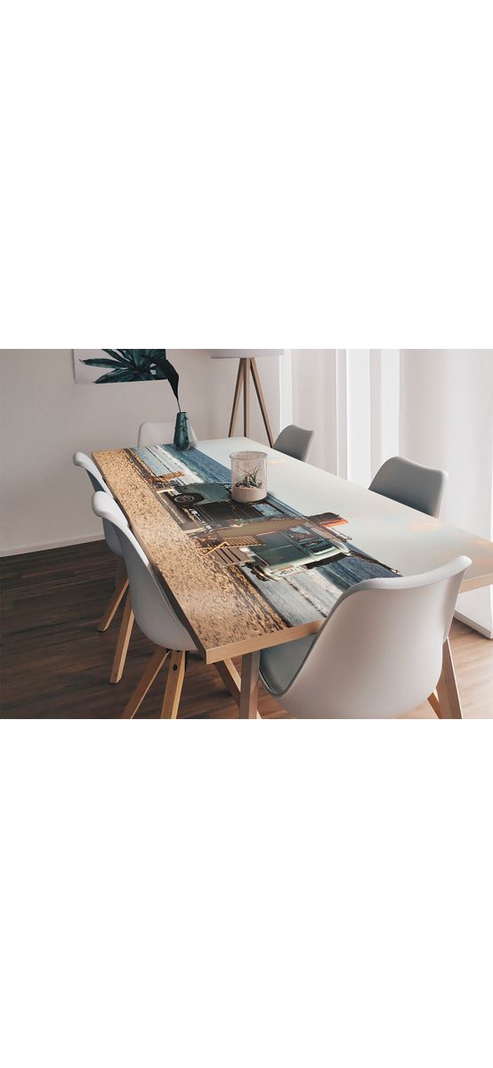 Autocolant blat masă, model plajă vintage, 100 x 100 cm, racletă inclusă