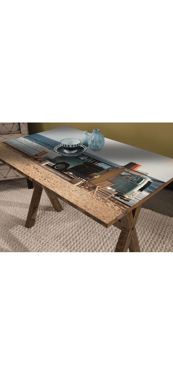 Autocolant blat masă, model plajă vintage, 100 x 100 cm, racletă inclusă