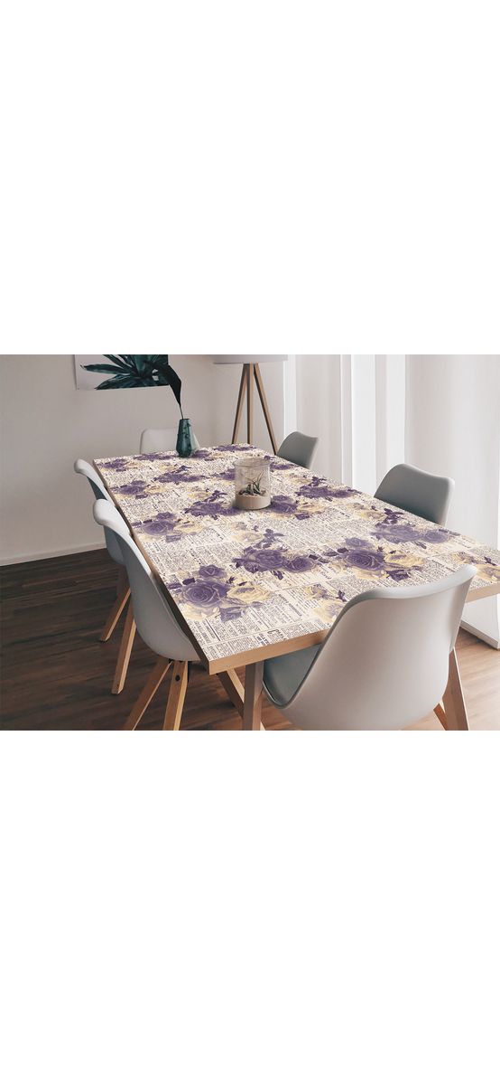 Autocolant blat masă, model ziar cu flori violet, 100 x 100 cm, racletă inclusă