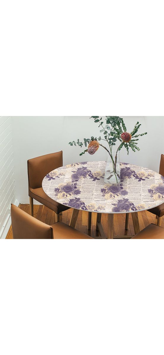 Autocolant blat masă, model ziar cu flori violet, 100 x 100 cm, racletă inclusă