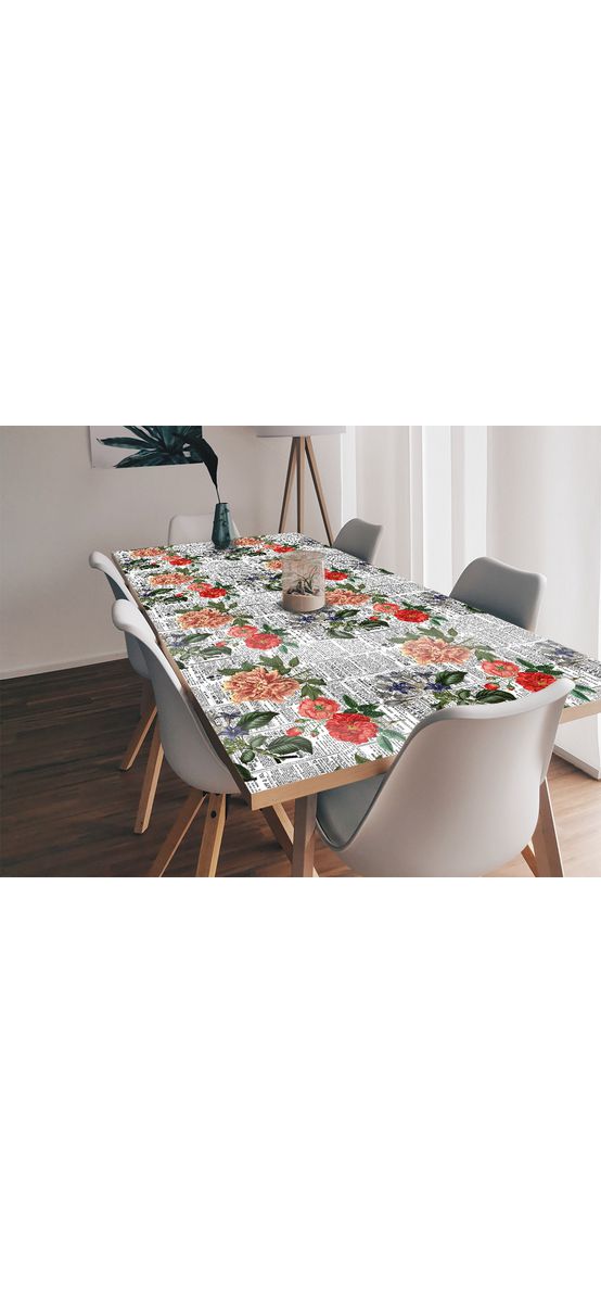 Autocolant blat masă, model ziar cu flori multicolor, 100 x 100 cm, racletă inclusă